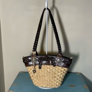 Brighton Collection Vintage Straw/Brown Leather Shoulder Bag